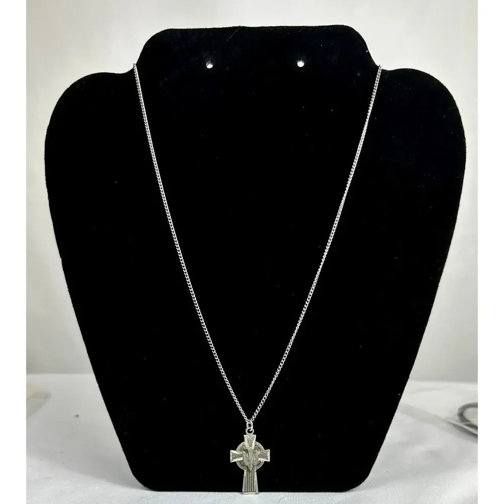 Vintage Pewter Catholic Holy Spirit Confirmation Cross Pendant Necklace